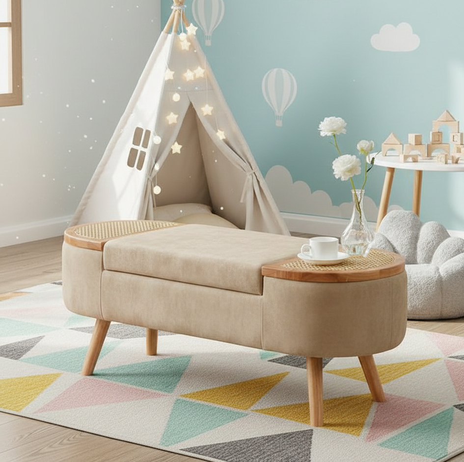 Children's room with a beige ottoman, tepee, and colorful rug.