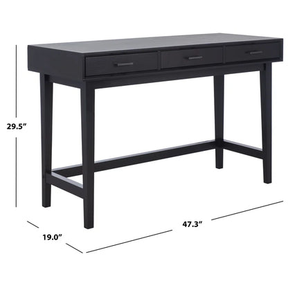 Black desk with dimensions labeled on a white background