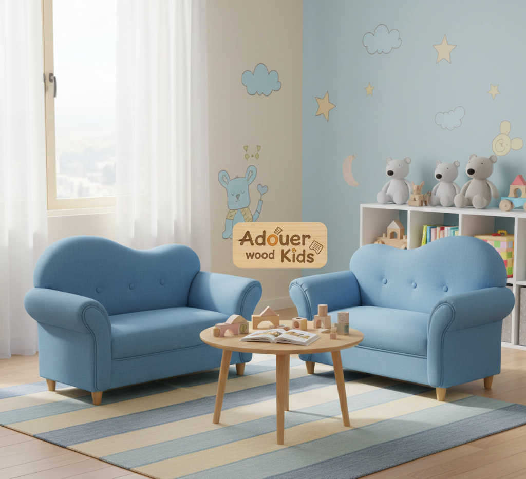 Children's room with blue sofa set, wooden table, and wall decorations.