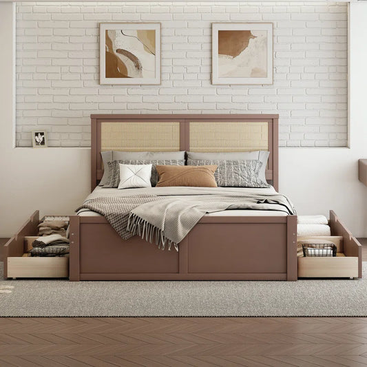 A brown Sheesham wood standard bed with storage drawers on both sides, made by Adouer Wood.
