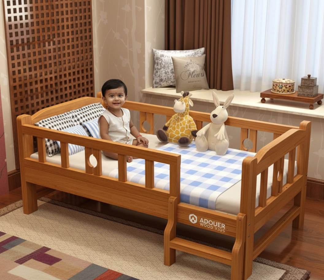 Child sitting on a wooden bed with checkered bedding in a room setting.