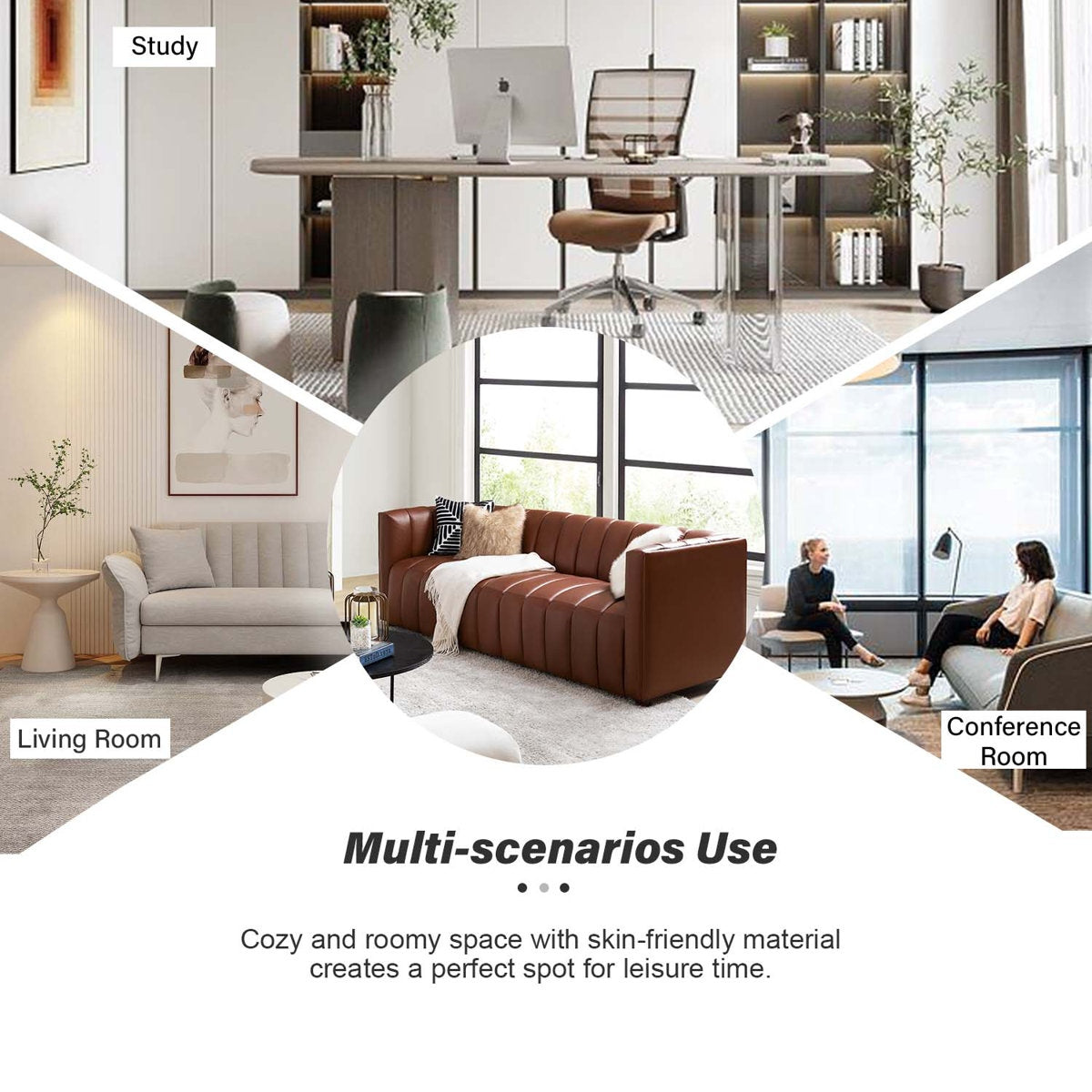 Collage of a living room, study, and conference room with furniture and decor.