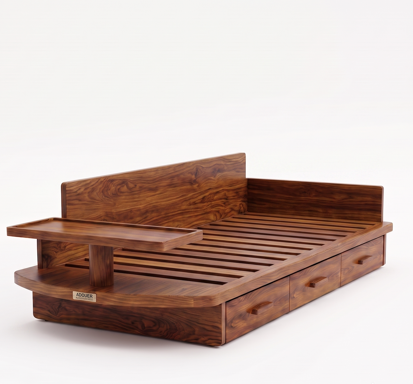A dark brown wooden bed frame with a slatted base, built-in side table, and storage drawers, shown on a clean white background.