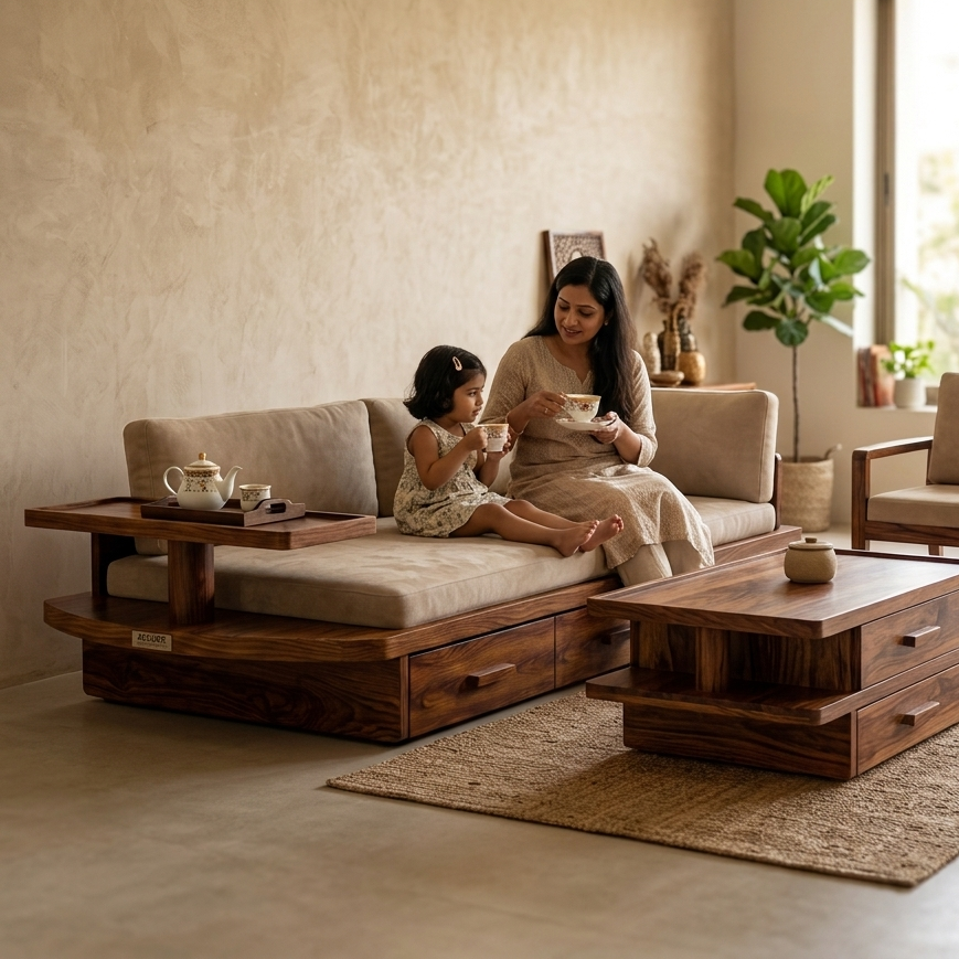 A woman and a young girl relax on a dark wood sectional sofa with beige cushions in a warm, modern living room. A matching dark wood coffee table sits in front, and the room features textured beige walls, a potted plant, and a woven rug.
