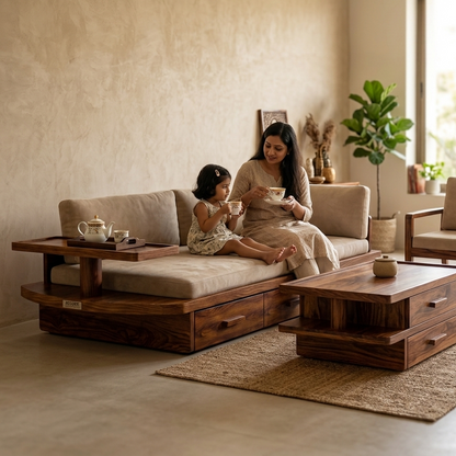 A woman and a young girl relax on a dark wood sectional sofa with beige cushions in a warm, modern living room. A matching dark wood coffee table sits in front, and the room features textured beige walls, a potted plant, and a woven rug.