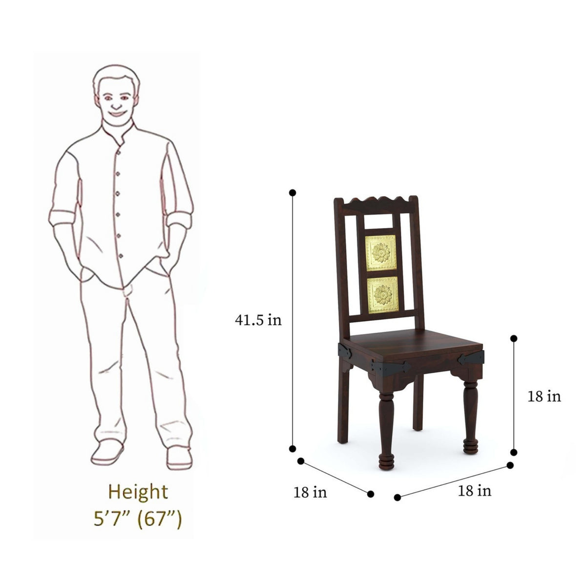 Measurement chart showing a person's height and dimensions of a wooden chair.
