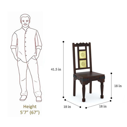 Measurement chart showing a person's height and dimensions of a wooden chair.