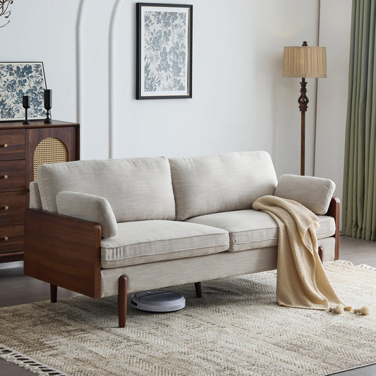 gray sofa with wooden frame