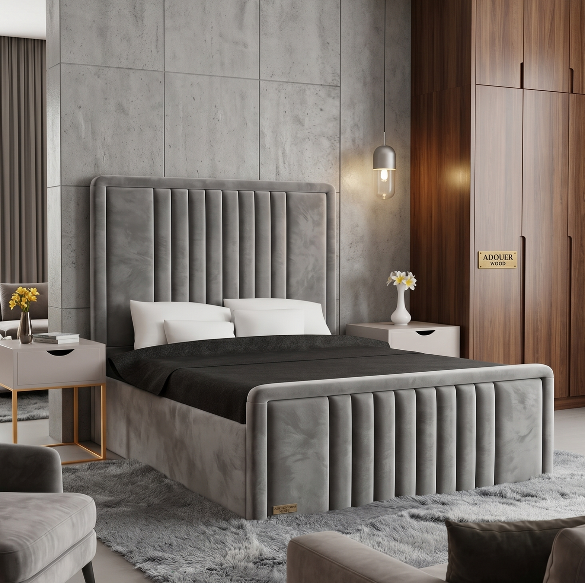 Modern bedroom with gray upholstered bed and wooden wardrobe.