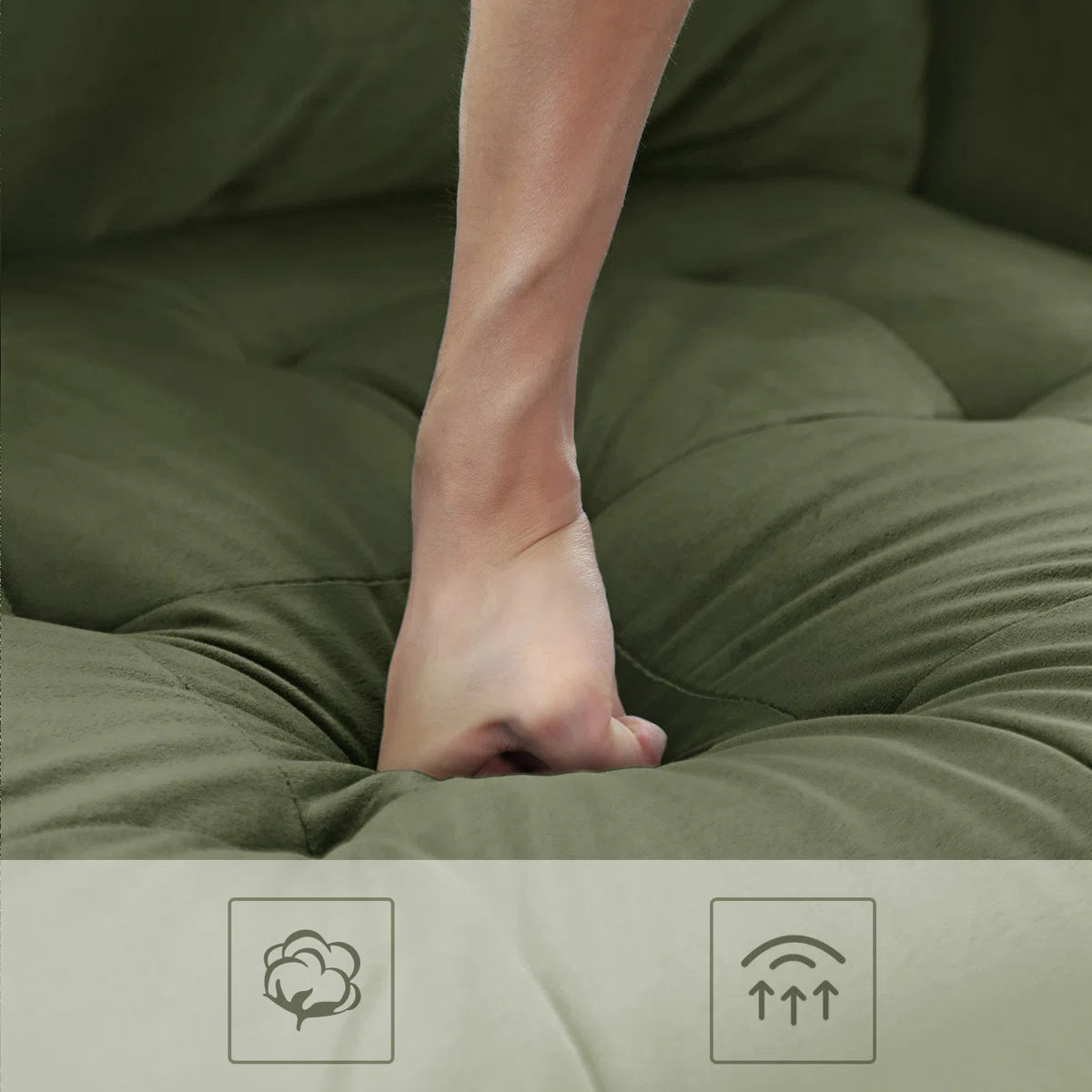 Hand resting on a green cushion with icons indicating comfort and breathability.