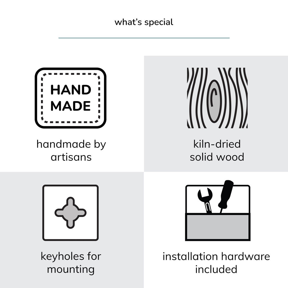 Icons and text describing features of handmade wooden products.