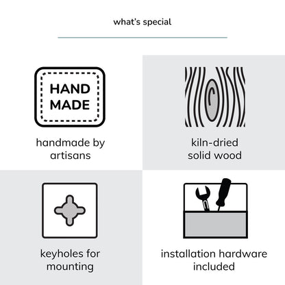 Icons and text describing features of handmade wooden products.