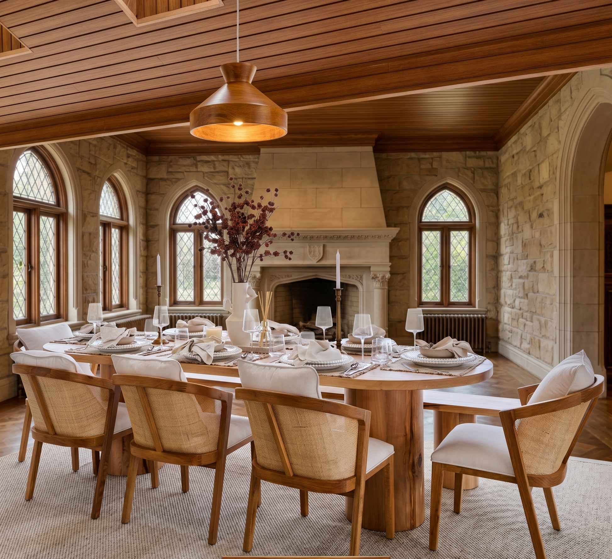 Dining room with a large wooden table set for a meal, surrounded by chairs with white cushions, in a stone-walled room with arched windows.