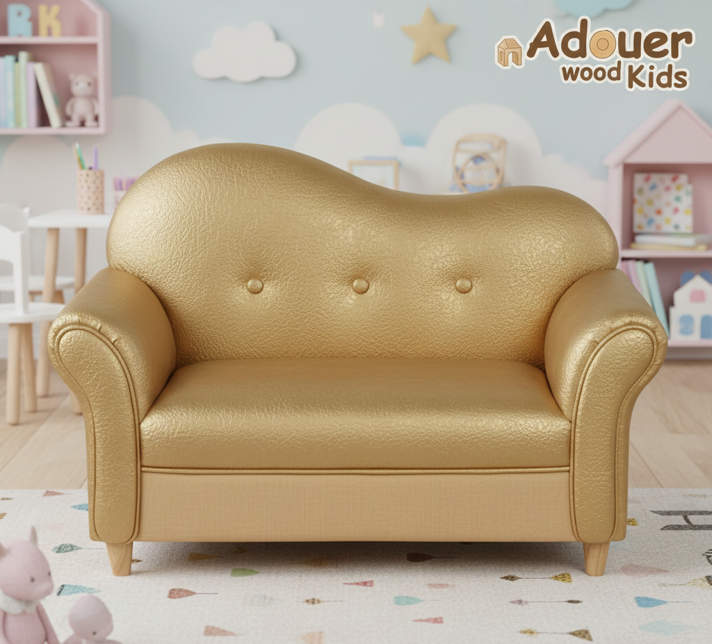 Gold children's sofa in a playroom with toys and furniture.
