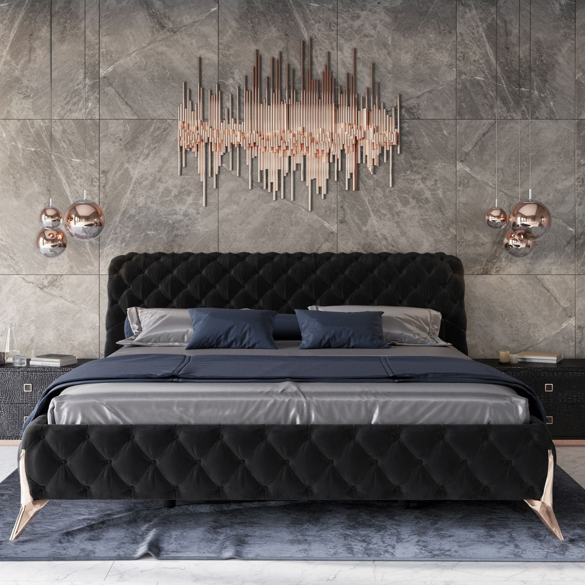 A luxurious upholstered bed with gold legs, placed against a modern grey wall with decorative lighting above it.