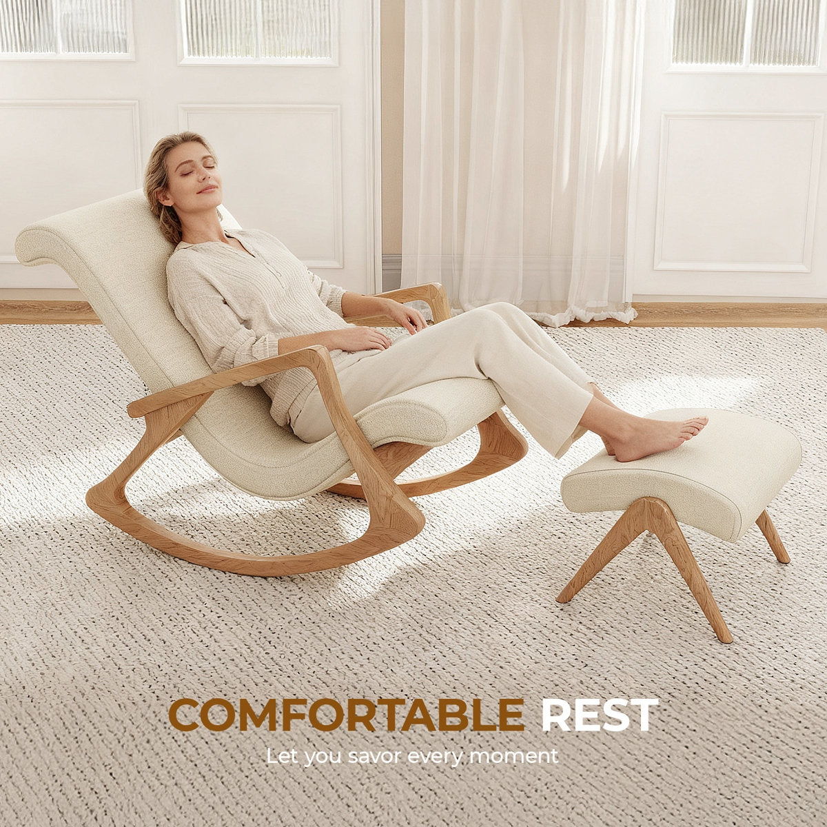 Woman relaxing in a modern rocking chair with text 'COMFORTABLE REST' in a bright room.