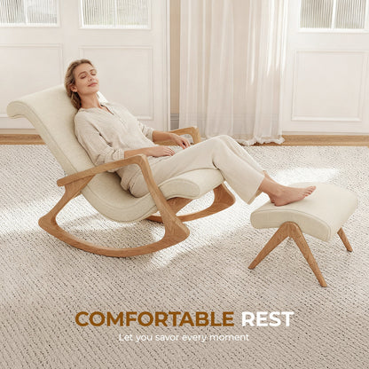 Woman relaxing in a modern rocking chair with text 'COMFORTABLE REST' in a bright room.