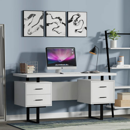 A modern study table with solid Sheesham wood top, metal legs in black, and built-in drawers and cabinets finished in white and walnut. The table is set against a light blue wall with framed abstract art above it, and a computer monitor, lamp, and decorative items are placed on the table.