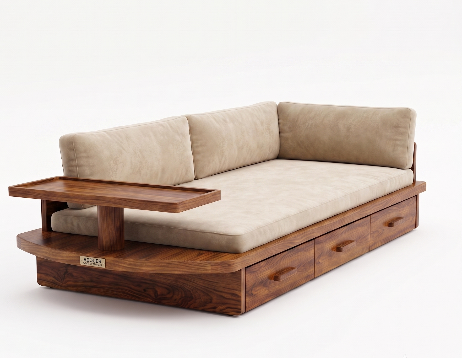A mid-century modern wooden daybed with a dark walnut frame, beige velvet cushions, and a built-in side table, shown on a seamless white background.