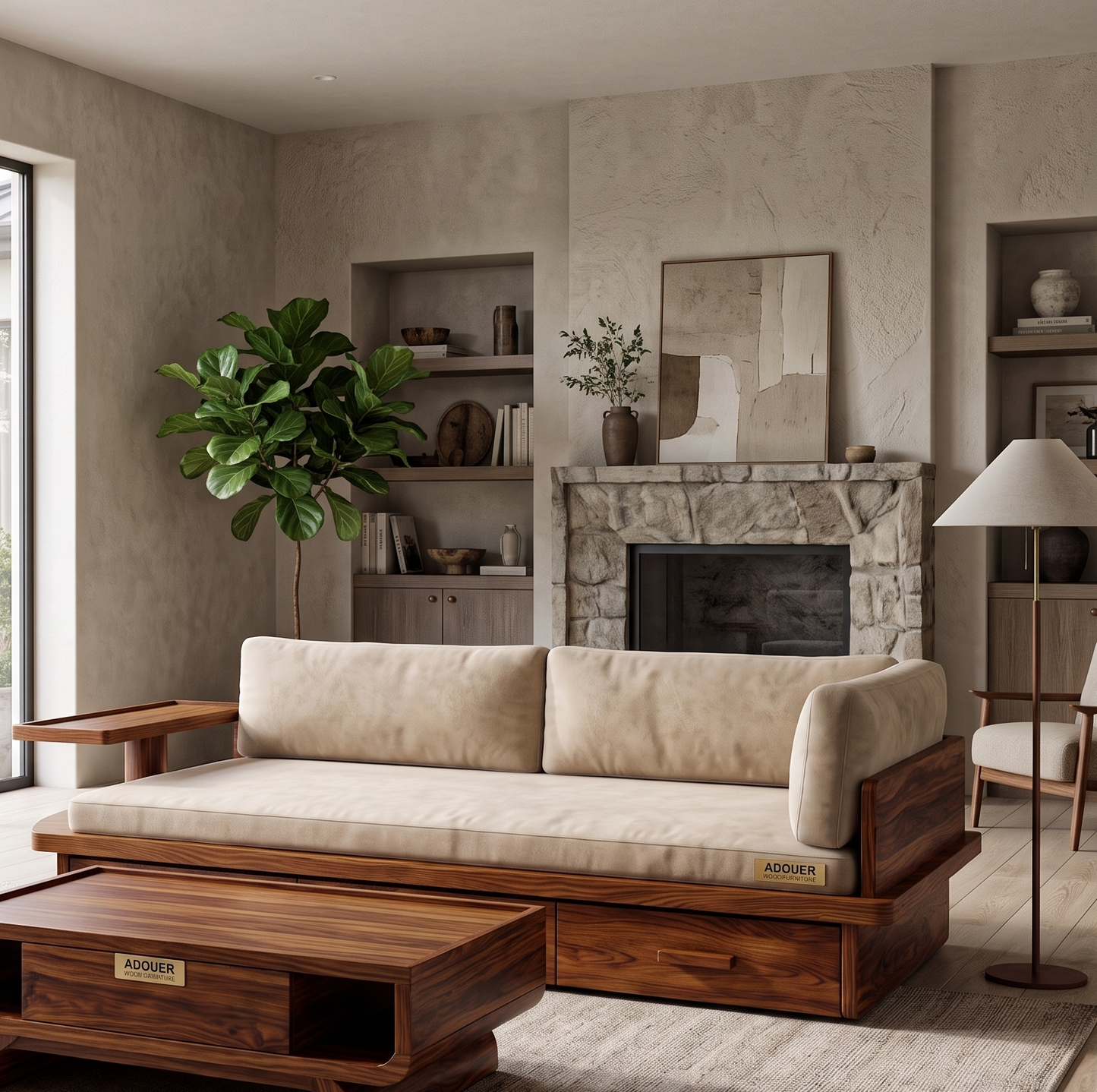 A modern wooden daybed with thick cream cushions is styled in a warm, contemporary living room with a stone fireplace, built-in shelves, a potted fiddle-leaf fig, and a floor lamp.