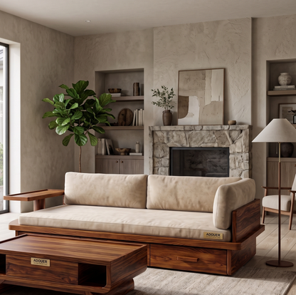 A modern wooden daybed with thick cream cushions is styled in a warm, contemporary living room with a stone fireplace, built-in shelves, a potted fiddle-leaf fig, and a floor lamp.