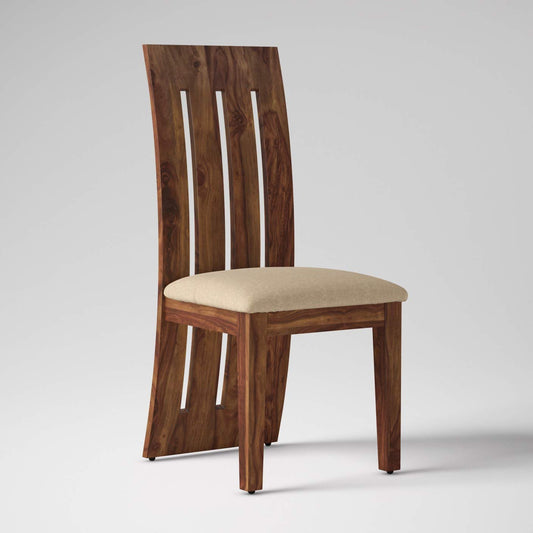 A modern wooden dining chair with a beige upholstered seat and curved slat backrest, isolated on a white background.