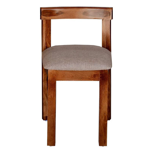 A modern wooden dining chair with a cushioned seat and open backrest, made of sheesham wood.