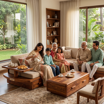 A family of five gathers on a modern wooden sectional sofa in a bright, contemporary living room with large windows overlooking a lush green garden. The room features a matching wooden coffee table, a patterned area rug, a bookshelf, and a wooden armchair.