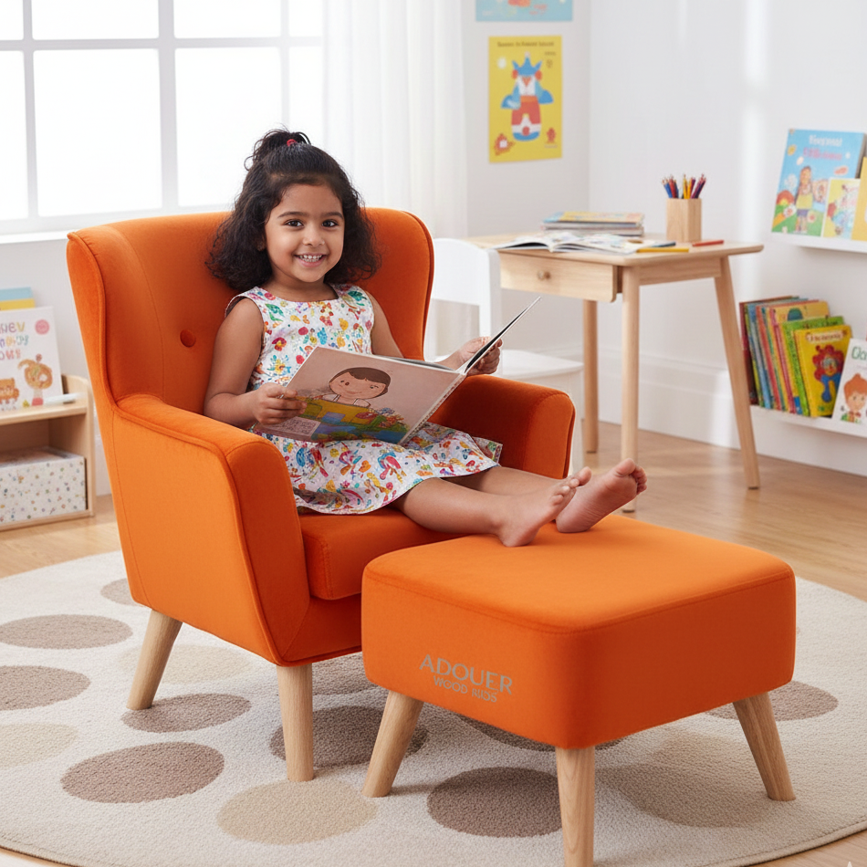 Child sitting in an orange chair with a matching ottoman in a room with books and a table.