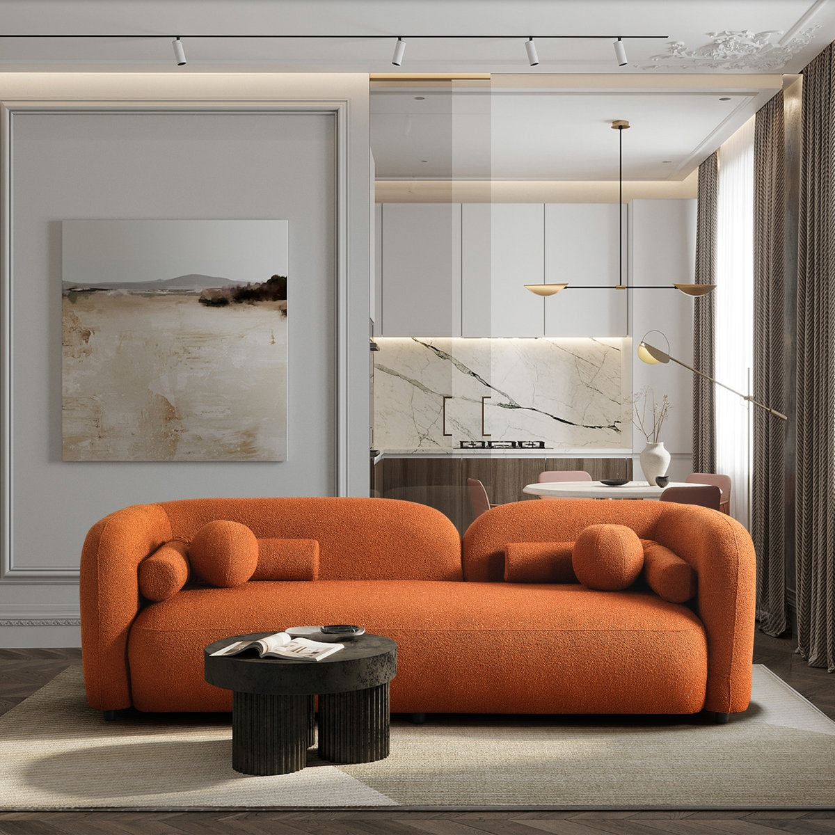 Modern living room with an orange sofa, black coffee table, and abstract art on the wall.