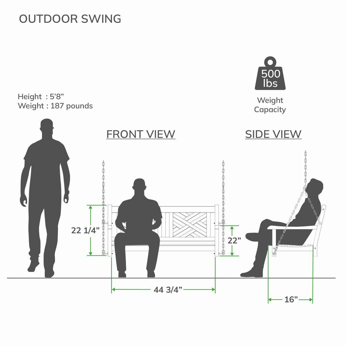 Measurement chart for an outdoor swing showing front and side views with dimensions and weight capacity.