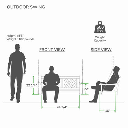 Measurement chart for an outdoor swing showing front and side views with dimensions and weight capacity.