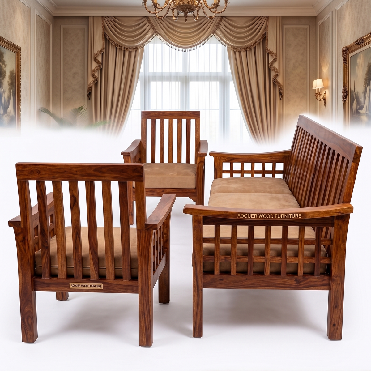 A three-piece wooden living room furniture set consisting of a loveseat, two armchairs, and a matching side table, crafted from rich reddish-brown acacia wood with beige cushions. The set is displayed in a beautifully decorated room with beige drapes and warm lighting.