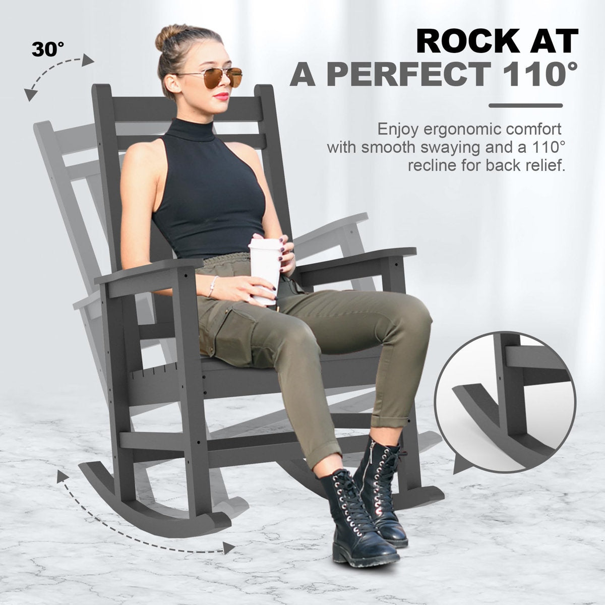 Woman sitting in a rocking chair with ergonomic design features highlighted