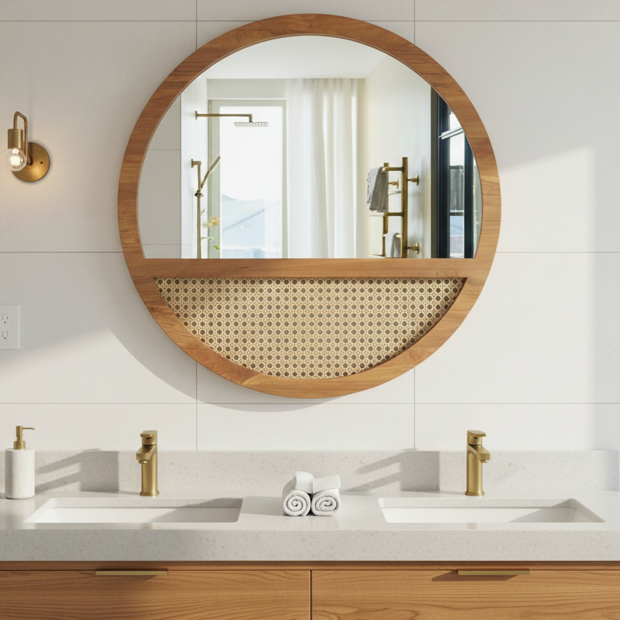 Bathroom with round wooden mirror, double sink, and gold fixtures.