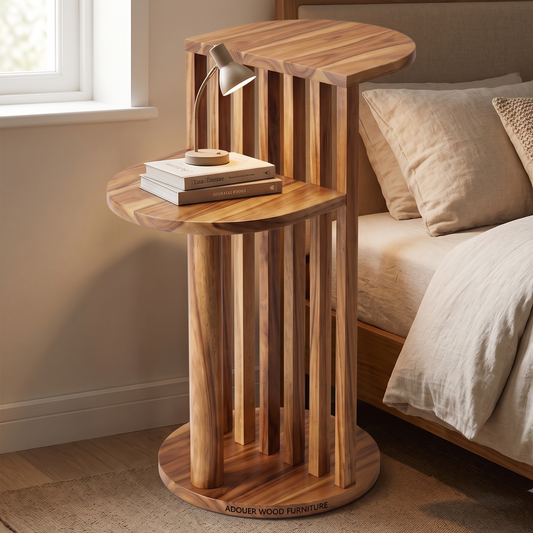 A round wooden nightstand with a slatted modern design, styled next to a bed in a bedroom setting. The nightstand features a circular base printed with 'ADOUER WOOD  FURNITURE' and holds a stack of books and a small table lamp.