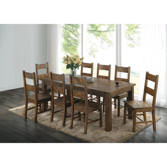 A rustic style 8-piece dining set by Adouer Wood, featuring a solid wood table with a walnut finish and eight matching chairs on a plush rug.
