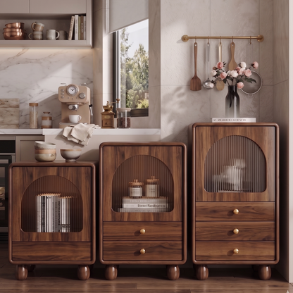 set of three Wooden cabinets with glass panels in a kitchen setting