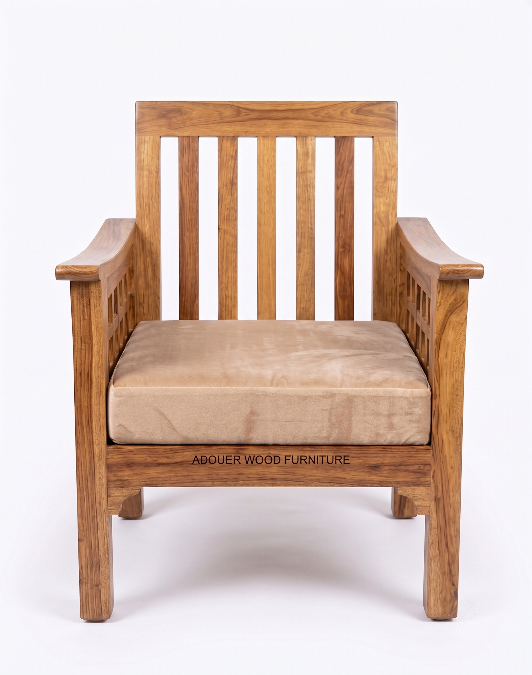A wooden armchair with a slatted backrest, wide armrests, and a beige cushioned seat, photographed against a plain white studio background. The front of the frame reads 'ADOUER WOOD FURNITURE'.