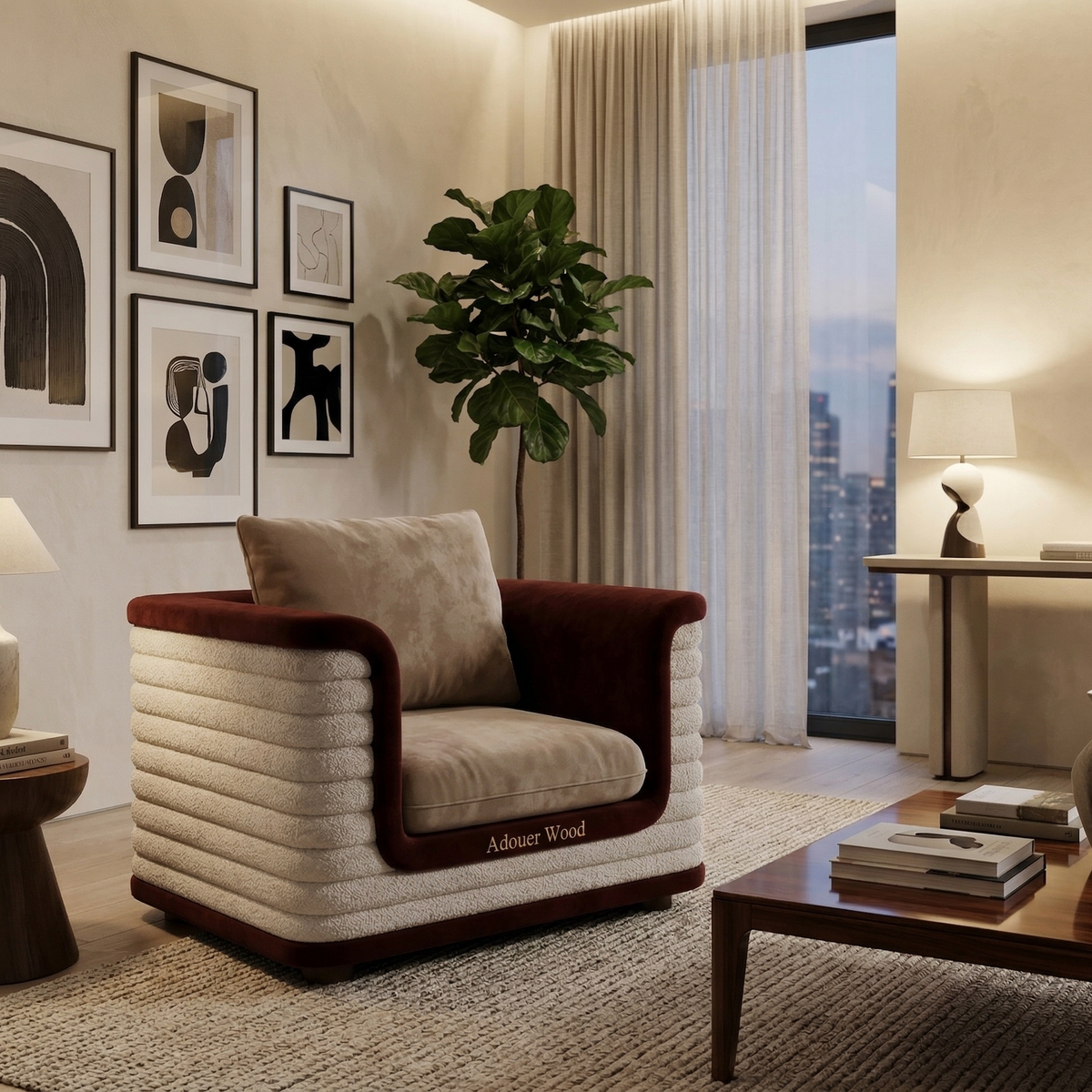 Modern living room with a stylish armchair, coffee table, and cityscape view.