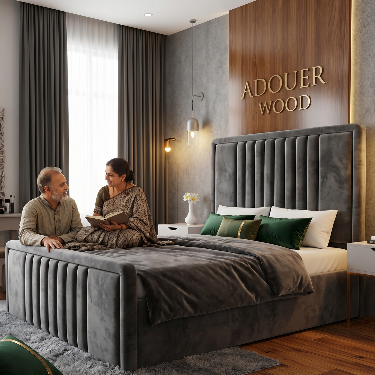 Couple sitting on a bed in a stylish bed with 'ADOUER WOOD' branding.