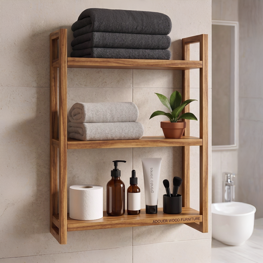A three-tier wooden wall-mounted shelf in a warm medium brown finish, styled with folded towels, toiletries, and a small potted plant in a clean, modern bathroom setting.