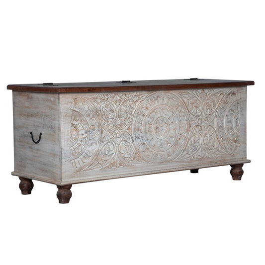 Wooden chest with decorative carvings on a white background