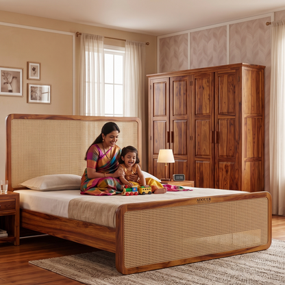 A warm, traditional bedroom scene featuring a wooden bed with a woven cane panel frame, a matching wooden wardrobe, and a woman sitting on the bed with a child. The room is decorated in warm beige and brown tones with soft window light.