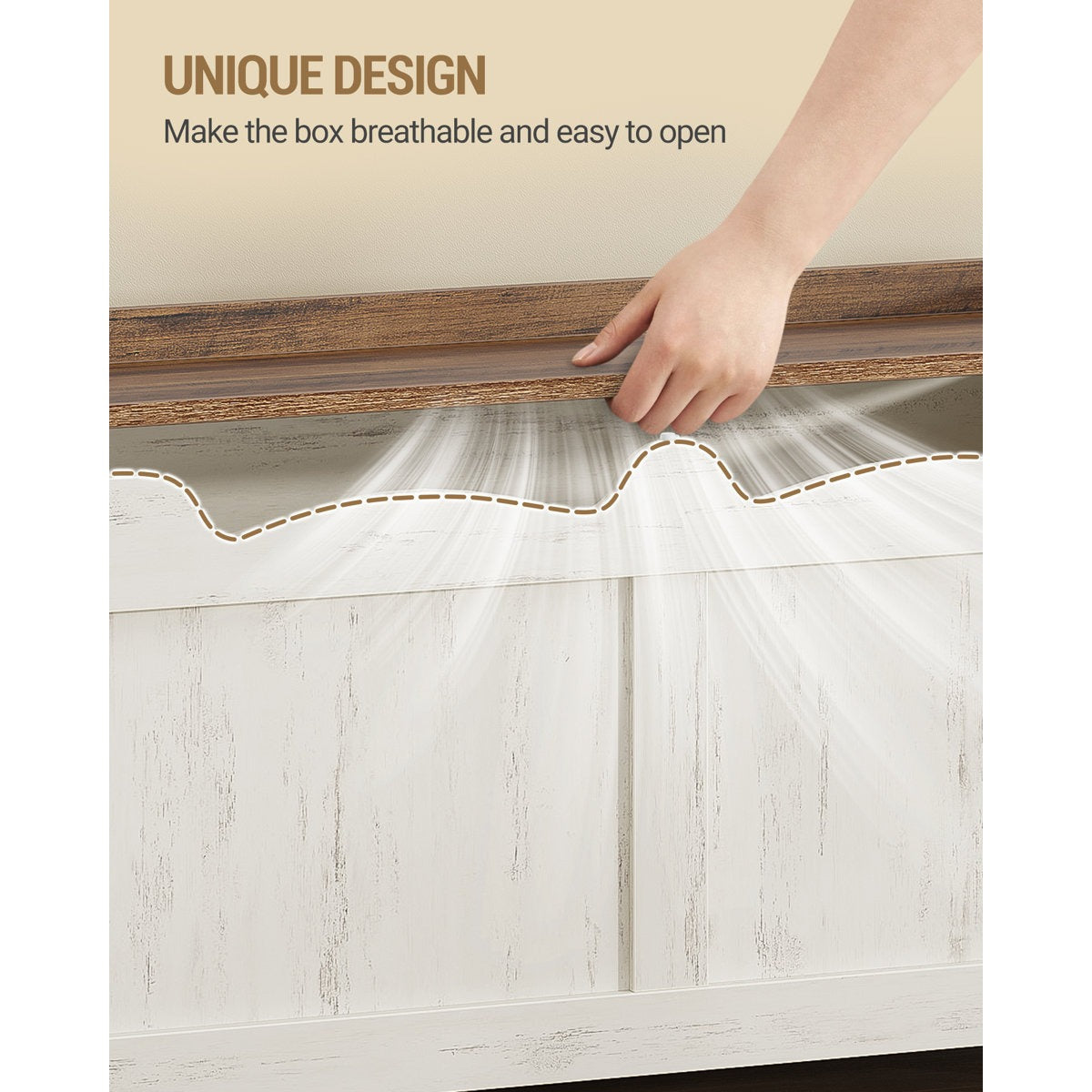 Hand opening a box with a unique design feature, text 'Make the box breathable and easy to open'.