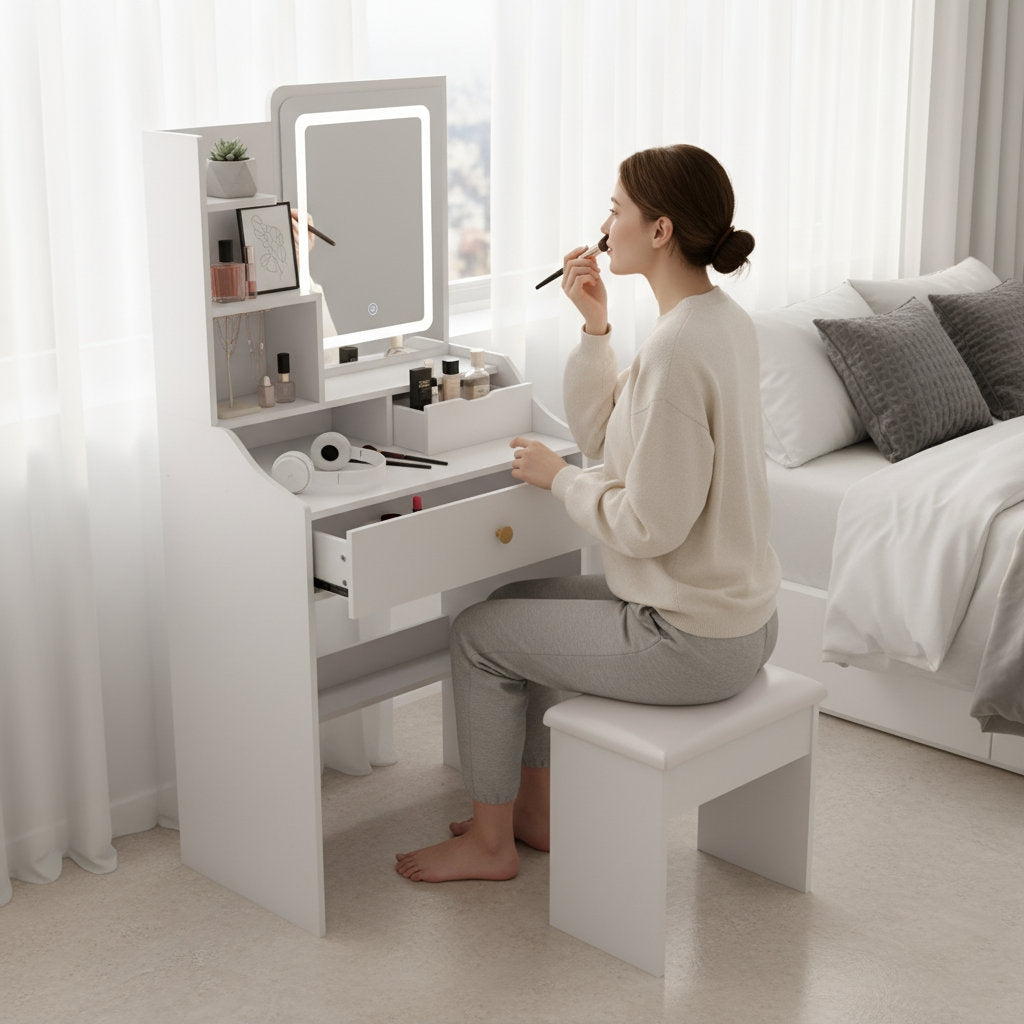 Woman using a vanity table with a mirror in a bedroom setting