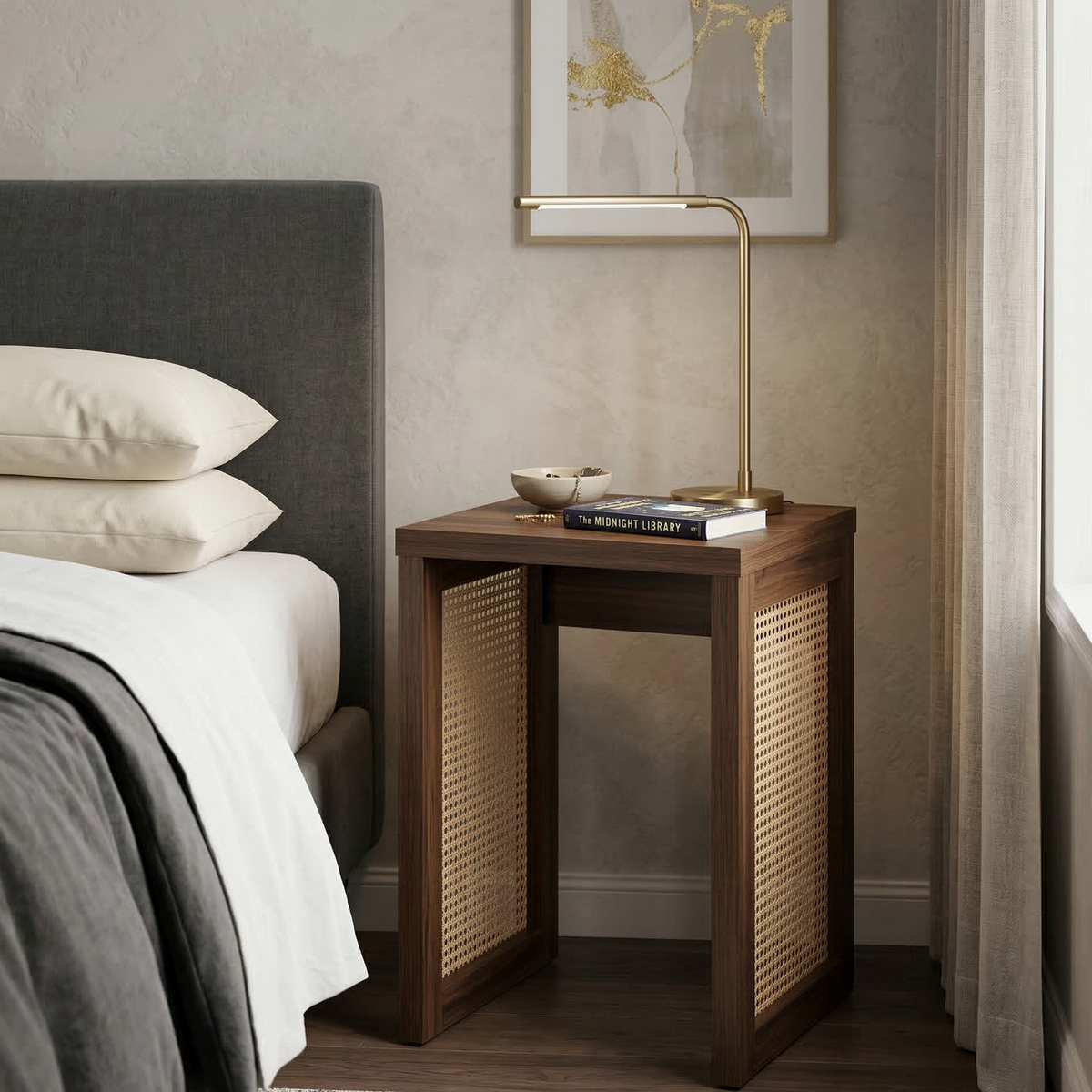 Wooden nightstand with decorative items next to a bed in a bedroom setting.