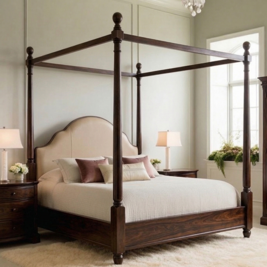 Wooden canopy bed in a bedroom with white walls and a window.