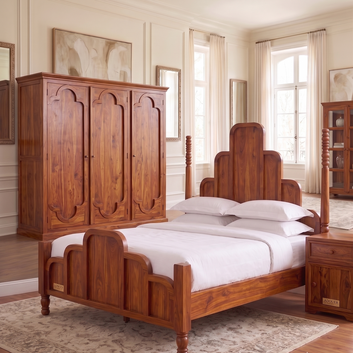 A warm brown wooden bedroom furniture set including a bed frame with a tall arched headboard and footboard, a matching four-door wardrobe, a bedside table, and a tall cabinet, styled in a classic cream-colored bedroom.