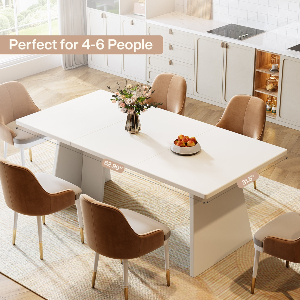 Dining table with chairs in a kitchen setting, labeled for 4-6 people.